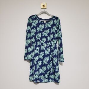 J. Crew Leaf Print Long Sleeve Dress 10 Navy Blue Mint Green Faux Wrap Lined